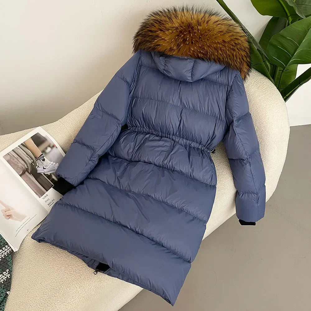 M&T Wear - Luxury Real Fox Fur Hooded White Duck Down Long Coat
