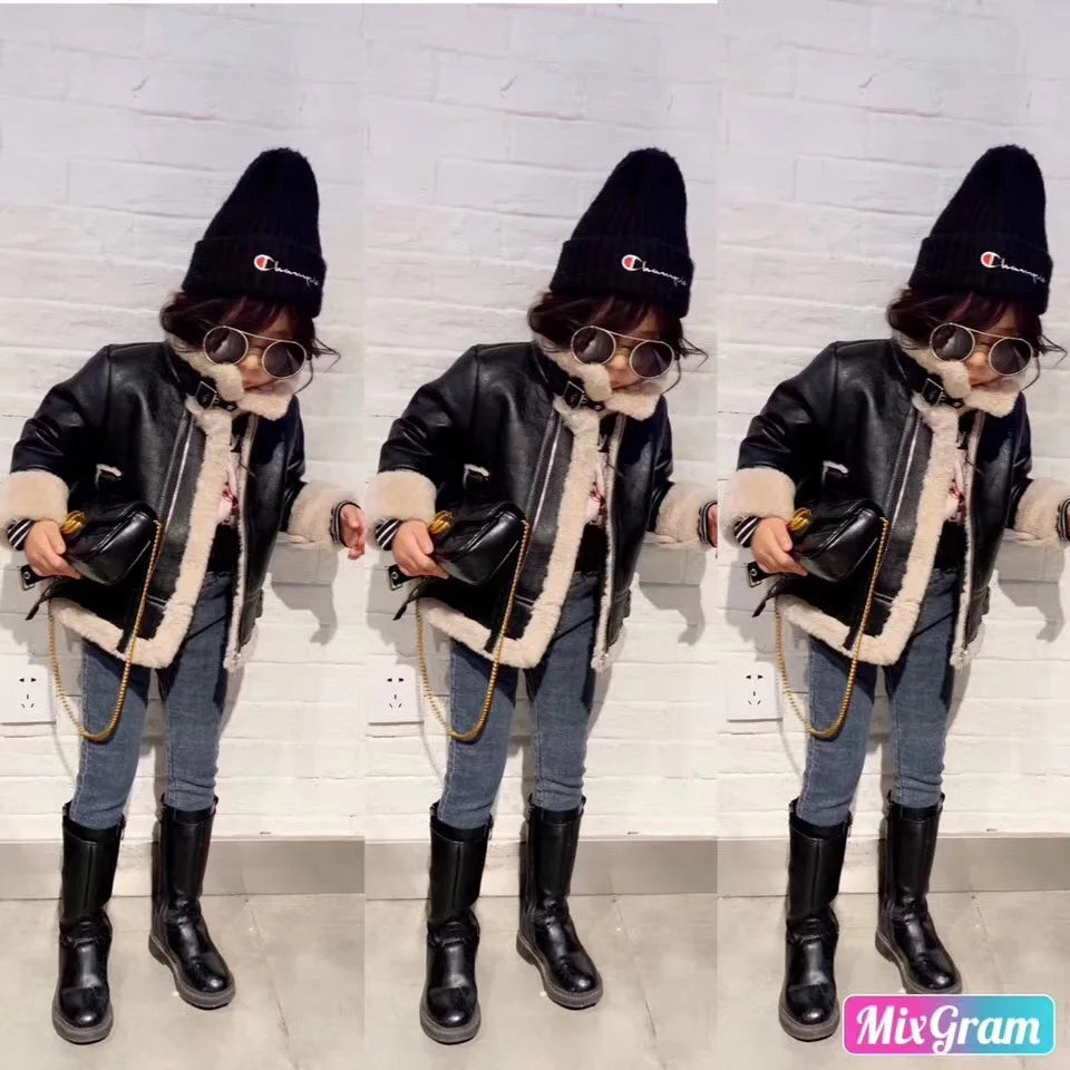 M&T Wear - Girls Jacket Leather Motorcycle Kids Coats Fleece Children Jacket Winter Autumn