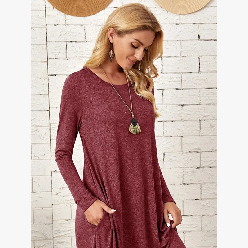Women's 2025 Fall Winter Knit Dress - Solid Color Swing Dress with Side Pockets, Casual A-Line Tunic Dress