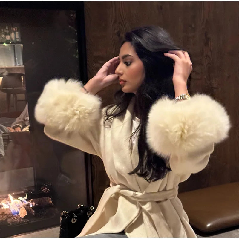 Elegant Solid Long Overcoat Women Turn-down Collar Lace Up Full Sleeve Classic Warm Coat 2025 New Lady Autumn Winter Casual Wear