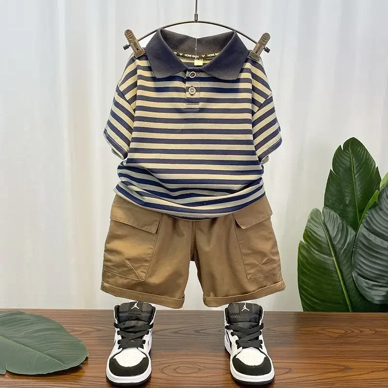 M&T Wear - Korean Children's Clothes 2025 Summer Kids Clothes Boys Outfits Baby Thin Short Sleeves Stripe Polo Shirt +Shorts Two Pieces Set