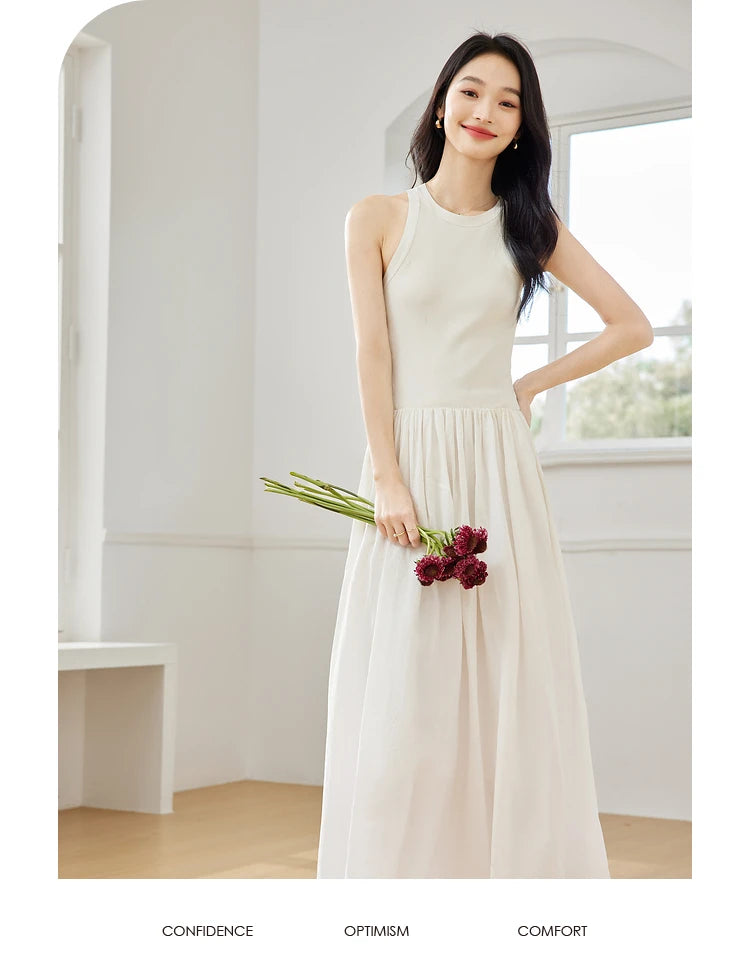 M&T Wear - VIMLY Women White Knit Vest Long Dresses Summer New Simple Elegant Sleeveless Waisted Temperament Party Evening A-Line Dress