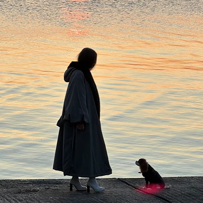 M&T Wear - Oversize Faux Fur Collar Lace-Up Fashion Long Coat