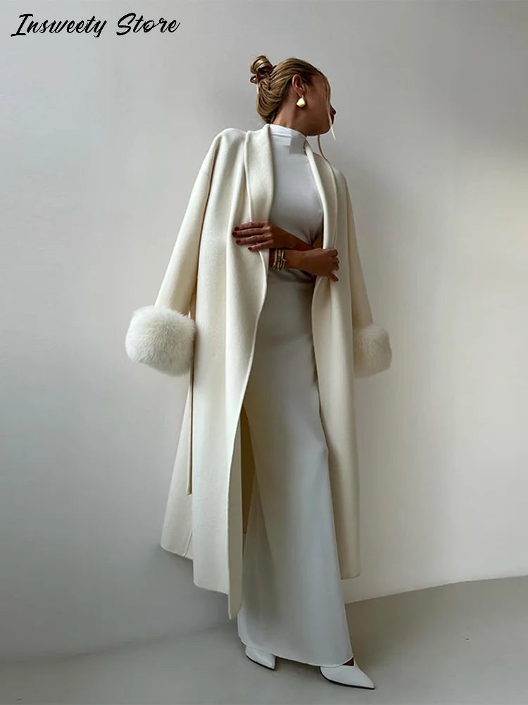 Elegant Solid Long Overcoat Women Turn-down Collar Lace Up Full Sleeve Classic Warm Coat 2025 New Lady Autumn Winter Casual Wear