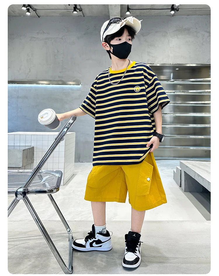 M&T Wear - Kids Striped Summer Suit for Boy with Shorts 2 Piece Cotton Clothing Set Children Top and Bottom Clothes Set Tracksuit Age 5-14Y