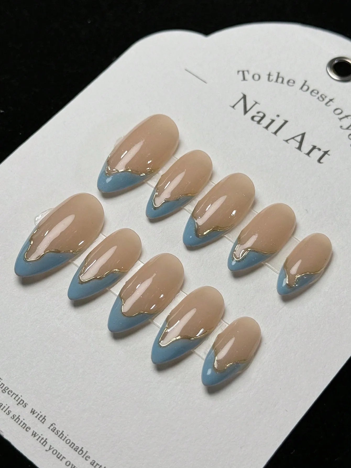 M&T Wear – 10PCS Handmade Fake Nails | Blue French Tips with Golden Accents