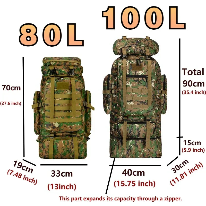 M&T Wear - 80L/100L Expandable Tactical Mountaineering Hiking Backpack
