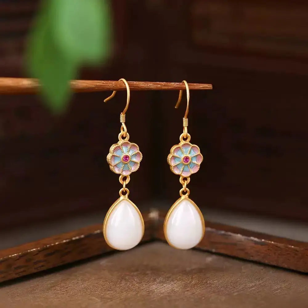 M&T Wear - Vintage Gilded Enamel Water-Drop Jade Earrings