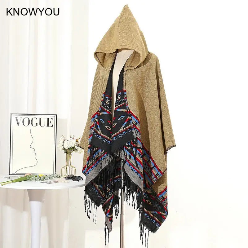M&T Wear - Winter New Bohemian Shawl Men Ponchos Cashmere Blend Cape Coat Fringe Poncho Vintage Tassel Scarf Hooded Wraps Outwear