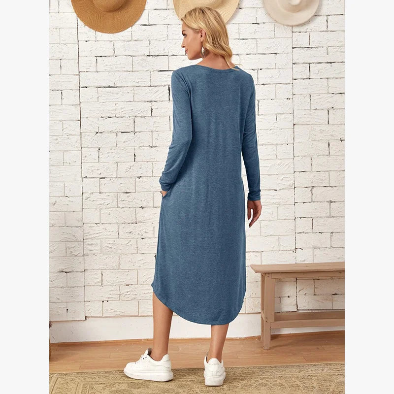 Women's 2025 Fall Winter Knit Dress - Solid Color Swing Dress with Side Pockets, Casual A-Line Tunic Dress