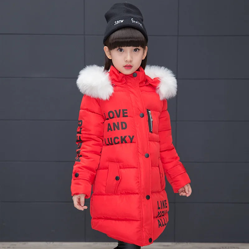 M&T Wear - Winter Warm Jackets for Girls Fashion Fur Hooded Children Girls Waterproof Outwear Kids Cotton Lined Parkas