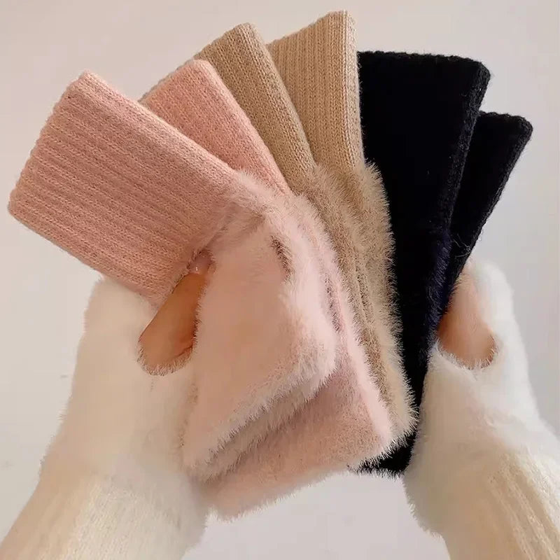 M&T Wear - Soft Winter Half Finger Gloves Women Warm Luxury Solid White Plush Knitted Fingerless Gloves Wrist Mittens Writting