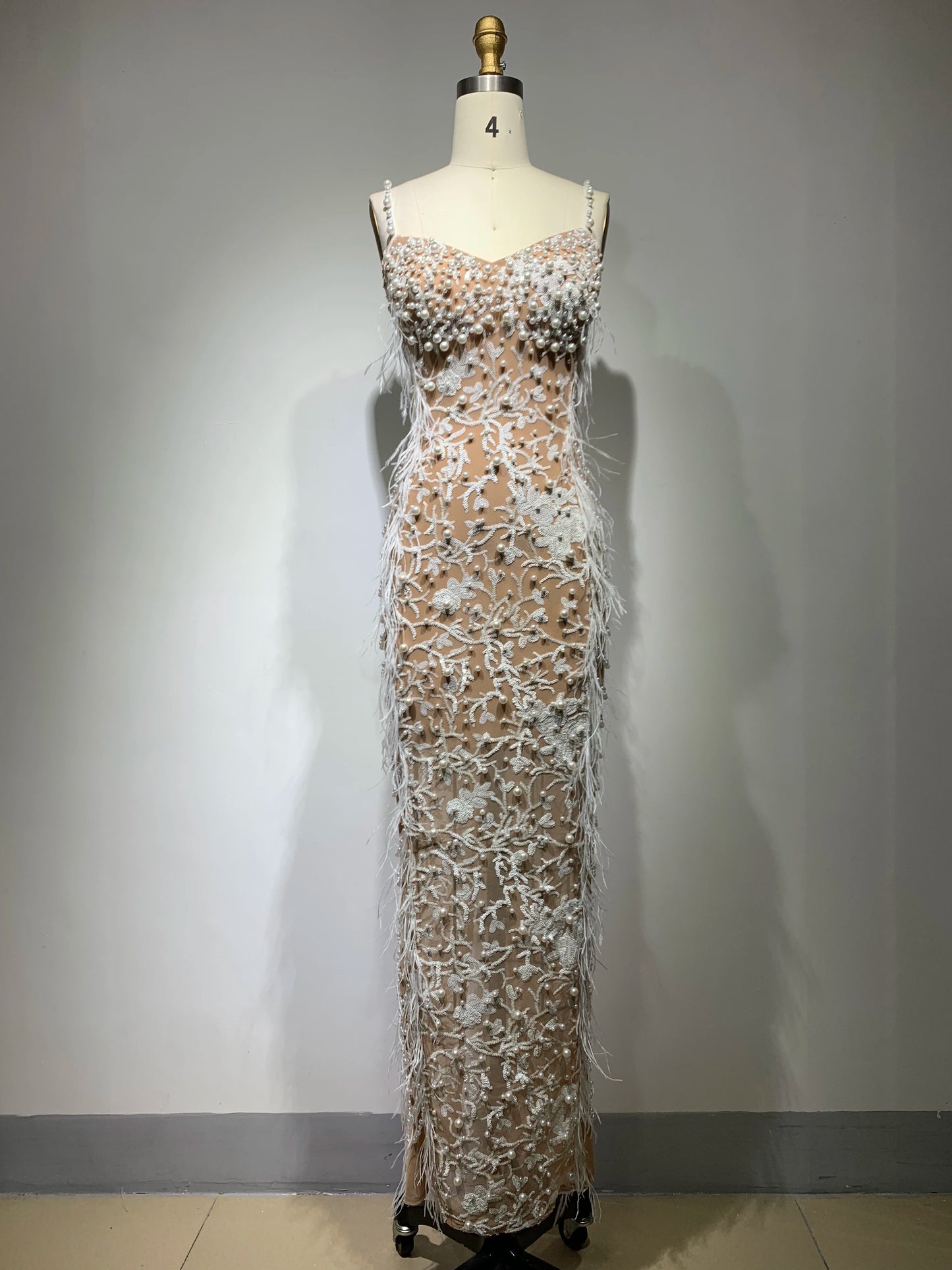 M&T Wear - Top Quality Handmake Luxury Women Sleeveless Sexy Feathers Pearl Beading Bodycon Long Dress Fashion Celebrate Red Carpet Dress
