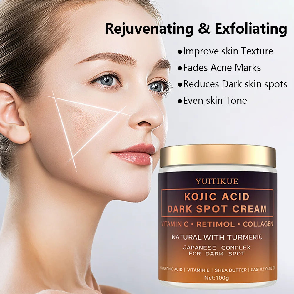 Arbutin fading cream, Vitamin C, retinol, collagen, natural curcumin, hyaluronic acid, Vitamin E, shea butter, castor olive oil.