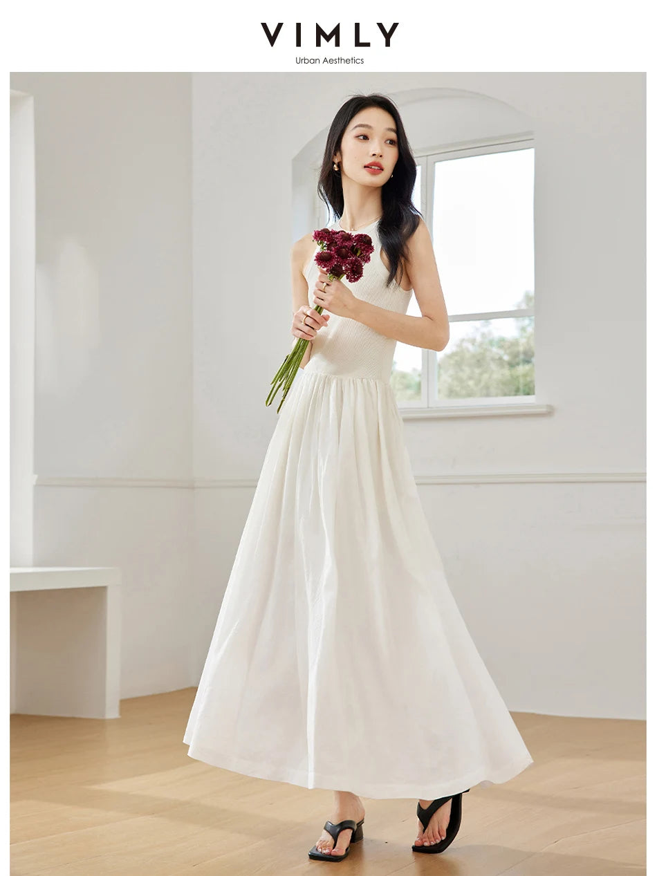 M&T Wear - VIMLY Women White Knit Vest Long Dresses Summer New Simple Elegant Sleeveless Waisted Temperament Party Evening A-Line Dress