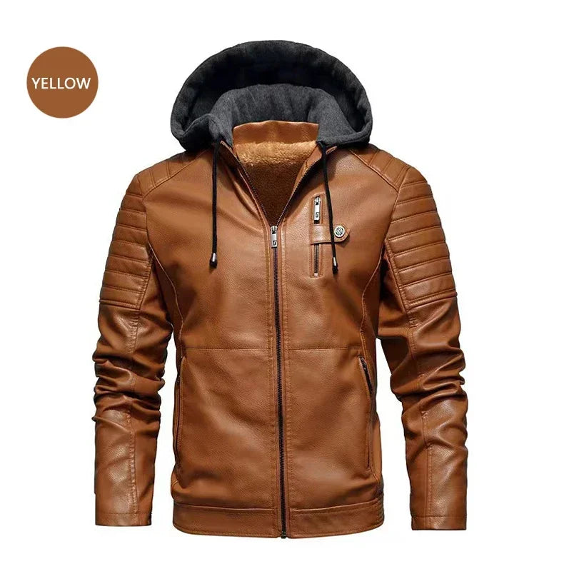 M&T Wear - Faux Leather Jacket Men Fashion Men's Hooded Jackets Autumn Winter Military Style Outwear Zipper Pockets Coat Detachable Hat