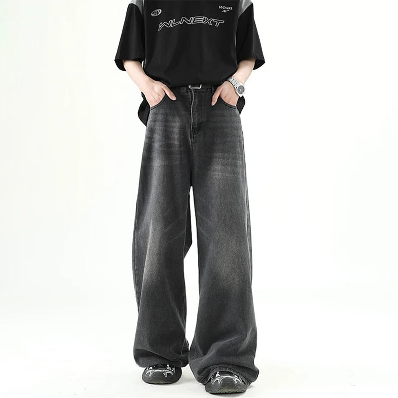 M&T Wear - Men Denim Pants Old Blue Washed Male Jeans Straight Casual Menswear Loose Wide Leg Trousers New Fashion Korean High Street Denim