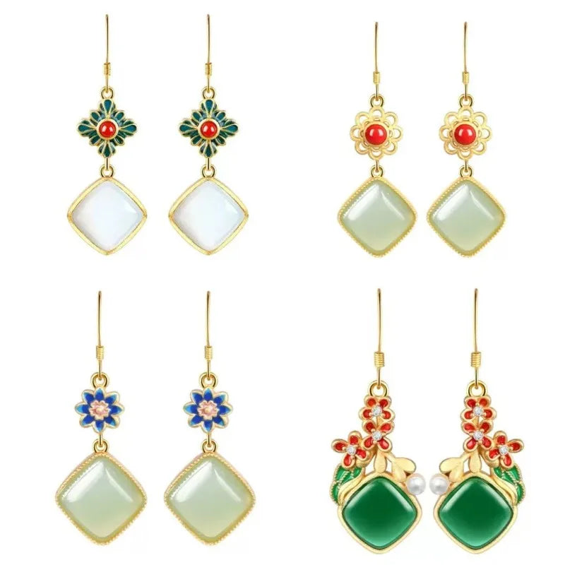 M&T Wear - Vintage Gilded Enamel Water-Drop Jade Earrings