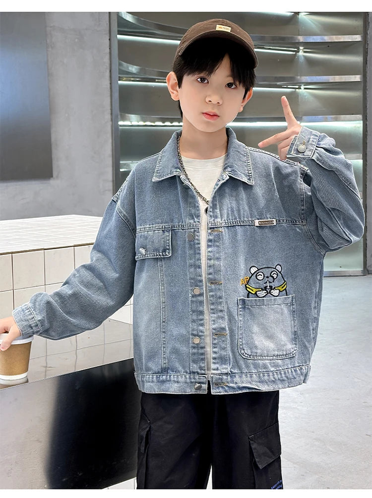 M&T Wear - Kids Denim Jacket Boys Jeans Coat Clothing Fashion Baby Boy Denim Jacket With Cartoon Embroidery Child Casual Streetwear Outfit