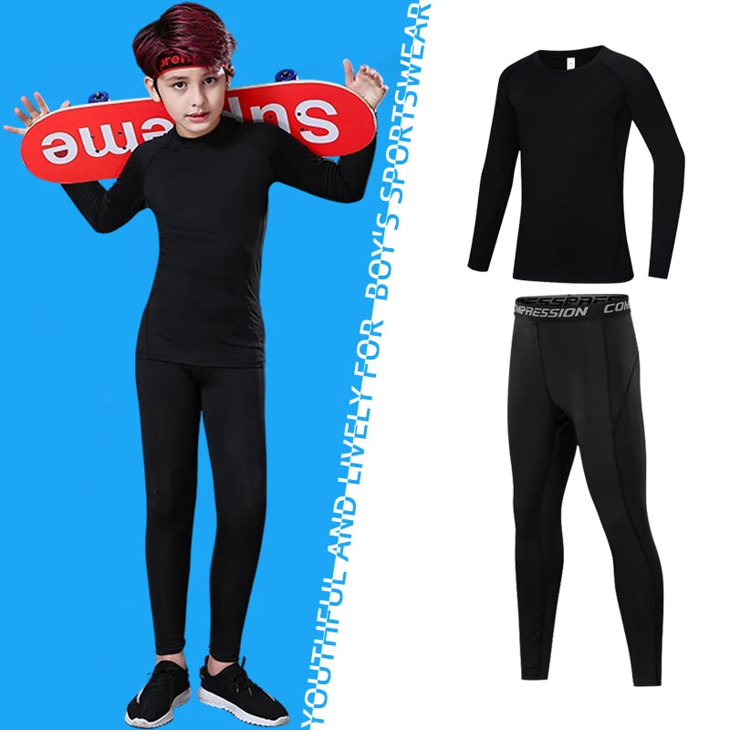 M&T Wear - Fitness Tracksuits Youth Warm Pants Tops Underwear Tight Sports Clothes for Boys Compression Running Basketball Sportswear