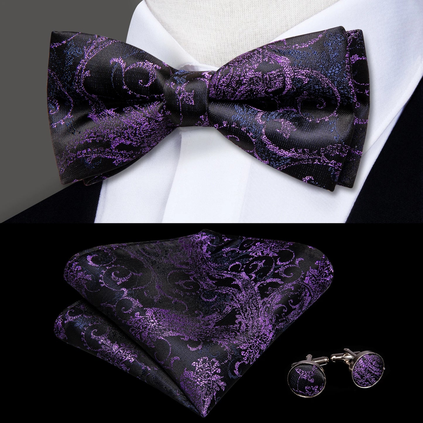 Hi-Tie 60 Color Classic Bow Ties for Men Silk Butterfly Pre-Tied Male Bowtie Pocket Square Cufflinks Set Jacquard Paisley Floral