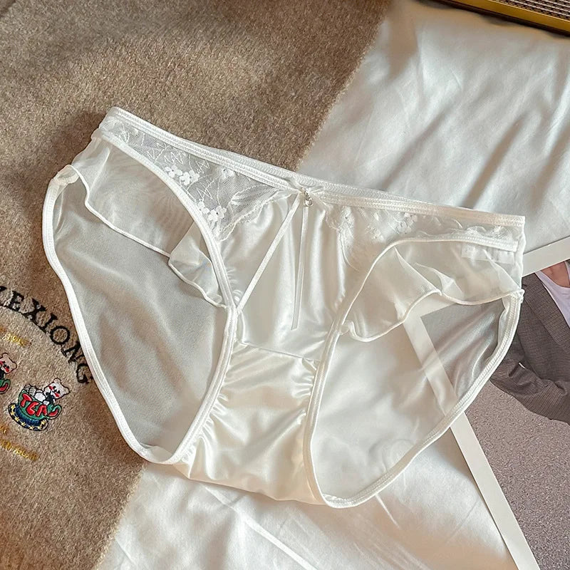 M&T Wear - Women Ruffle Edge Sexy Lace Mesh Satin Transparent Underwear Thin Breathable High Elasticity Low Waist Seamless Panties Breifs
