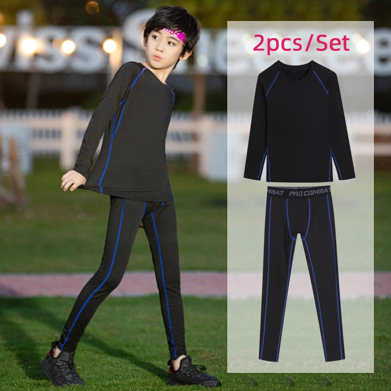 M&T Wear - Fitness Tracksuits Youth Warm Pants Tops Underwear Tight Sports Clothes for Boys Compression Running Basketball Sportswear