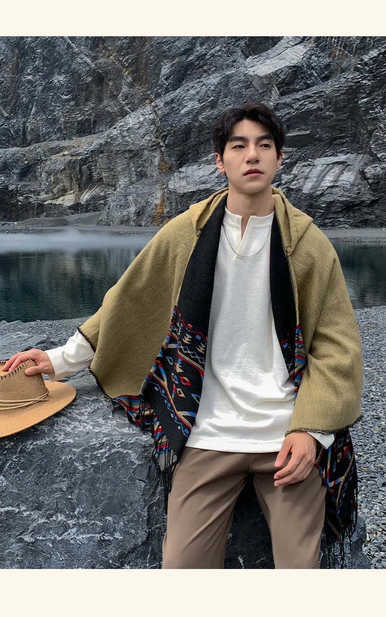 M&T Wear - Winter New Bohemian Shawl Men Ponchos Cashmere Blend Cape Coat Fringe Poncho Vintage Tassel Scarf Hooded Wraps Outwear