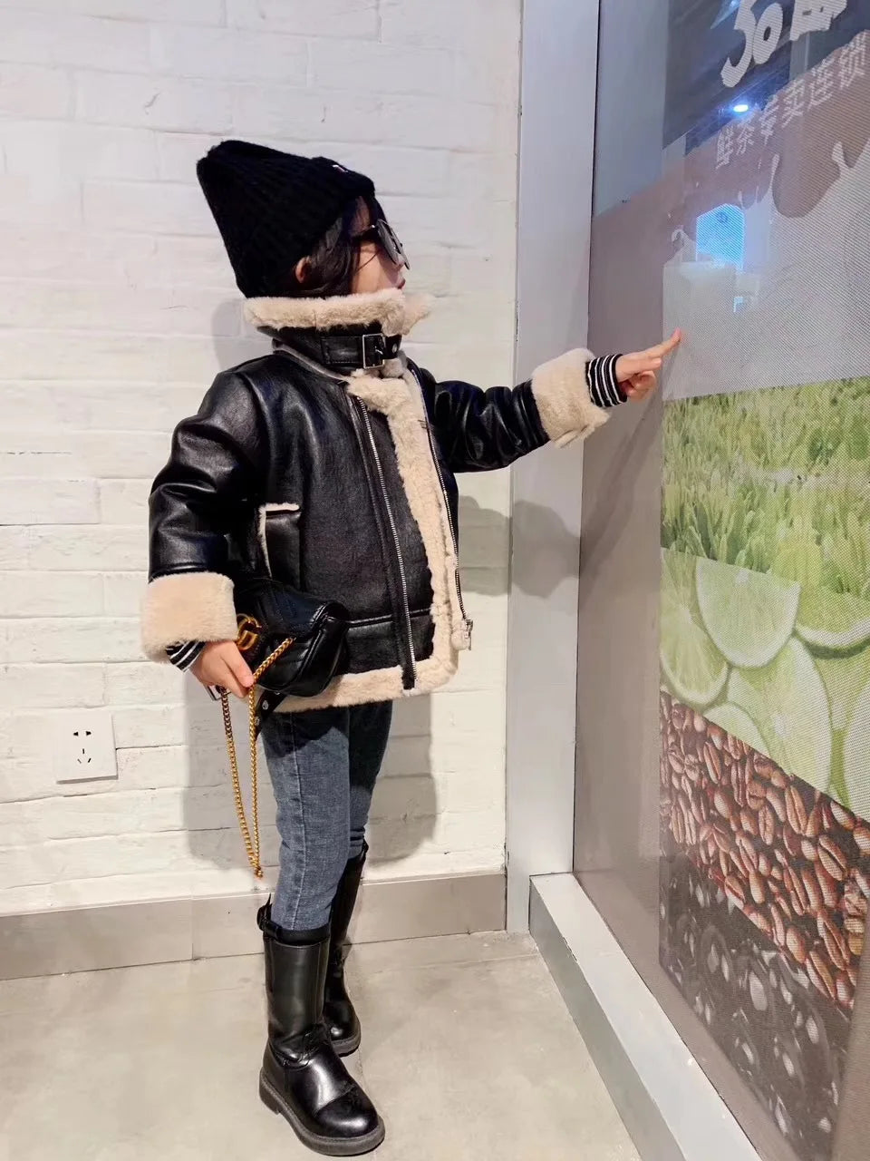 M&T Wear - Girls Jacket Leather Motorcycle Kids Coats Fleece Children Jacket Winter Autumn