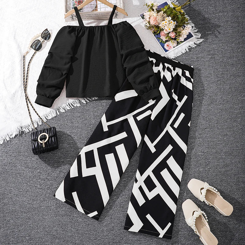 M&T Wear - Kids Clothing Sets For Girls Khaki Off-shoulder Long sleeve Top & Stripe Printing Pants Summer Resort Style Children Suits OOTD