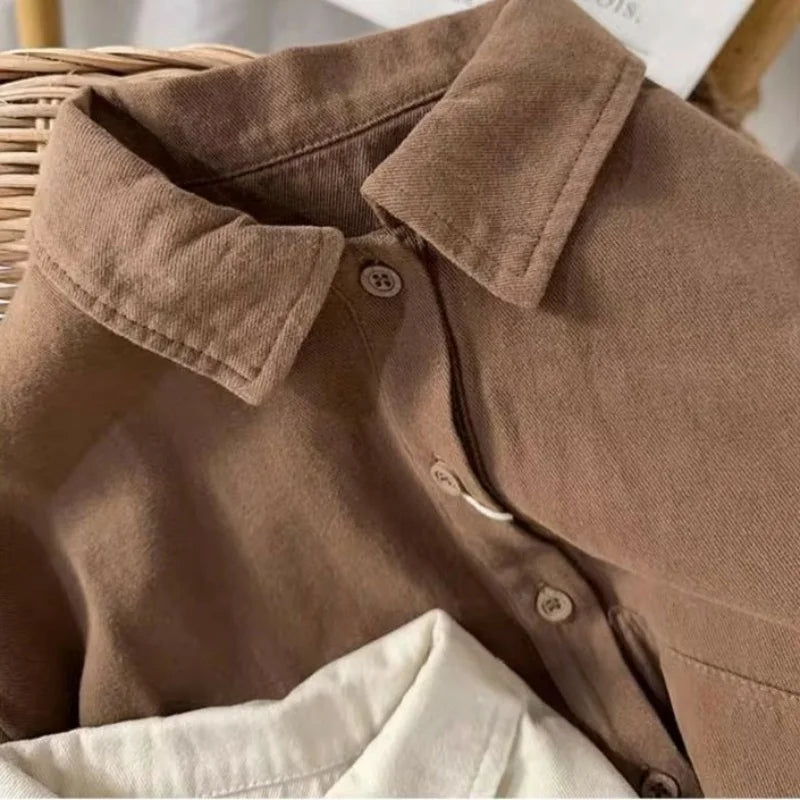 M&T Wear - Korean Children's Clothes 2025 Cotton Solid Color Long Sleeve Shirt for Boy 2-6Y Kids Blouse for Girls Loose Fit Casual Shirt