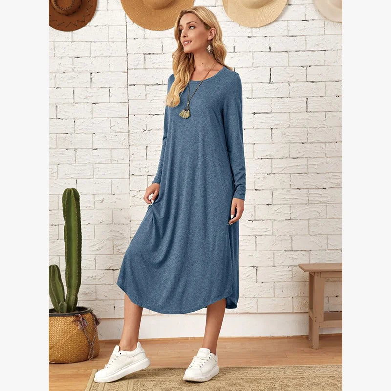 Women's 2025 Fall Winter Knit Dress - Solid Color Swing Dress with Side Pockets, Casual A-Line Tunic Dress
