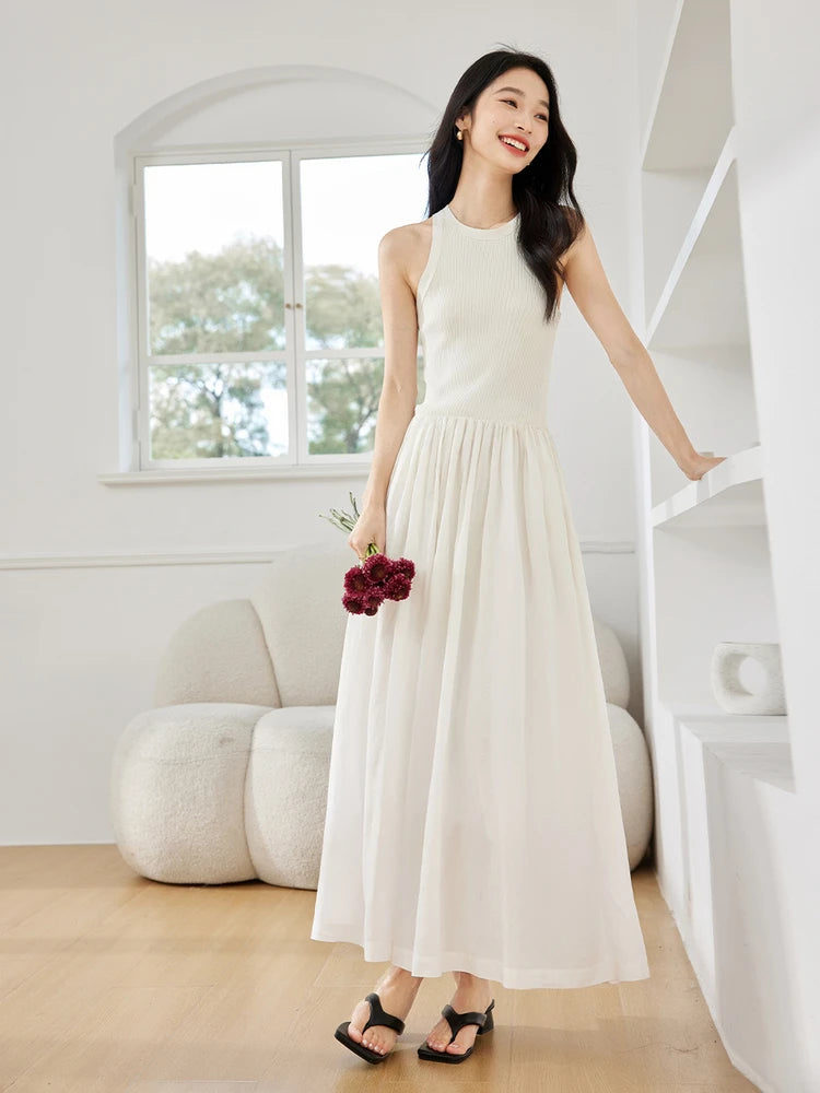 M&T Wear - VIMLY Women White Knit Vest Long Dresses Summer New Simple Elegant Sleeveless Waisted Temperament Party Evening A-Line Dress