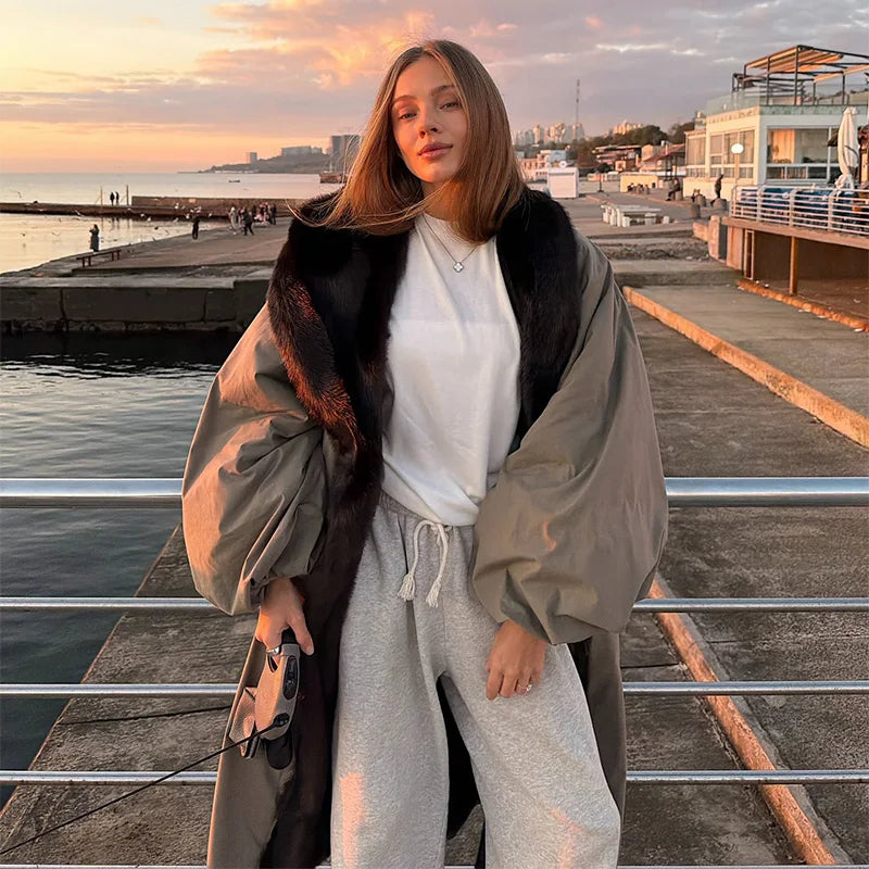 M&T Wear - Oversize Faux Fur Collar Lace-Up Fashion Long Coat