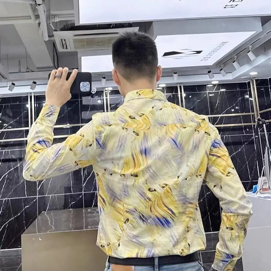 M&T Wear - Spring and Autumn High-end Long-sleeved Men's Fancy Shirt Micro-Stretched Slim Personalized Fashion Printed Shirt