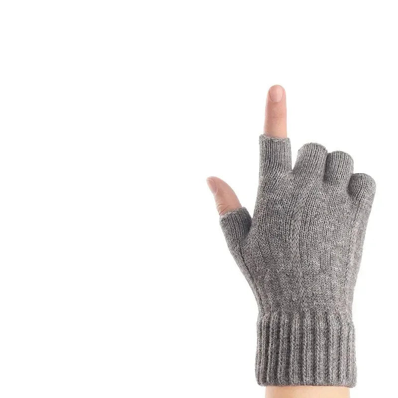M&T Wear - Winter Gloves For Men Half Finger Writing Office Cycling Knitted Gloves Students Alpaca Wool Warm Thick Elastic Driving Gloves