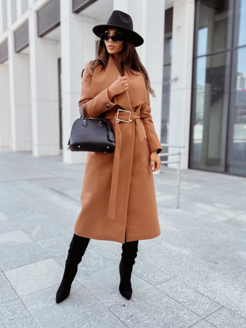 Women's Coat - Belted Wrap Winter Overcoat with Wide Lapel, Button-Free Design for Chic Casual Style