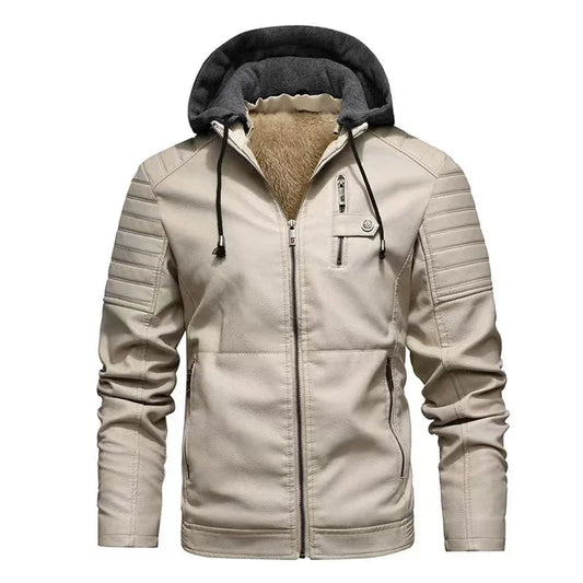 M&T Wear - Faux Leather Jacket Men Fashion Men's Hooded Jackets Autumn Winter Military Style Outwear Zipper Pockets Coat Detachable Hat