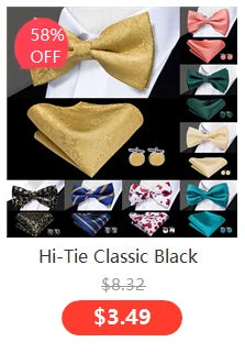 Hi-Tie 60 Color Classic Bow Ties for Men Silk Butterfly Pre-Tied Male Bowtie Pocket Square Cufflinks Set Jacquard Paisley Floral