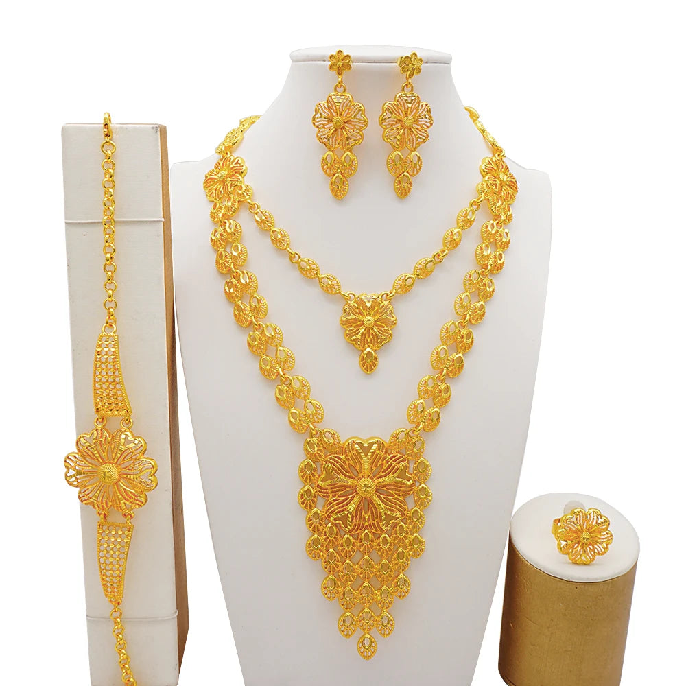 M&T Wear - Dubai Women's Jewelry Set, Gold Plated Necklace & Earrings for Weddings and Parties
