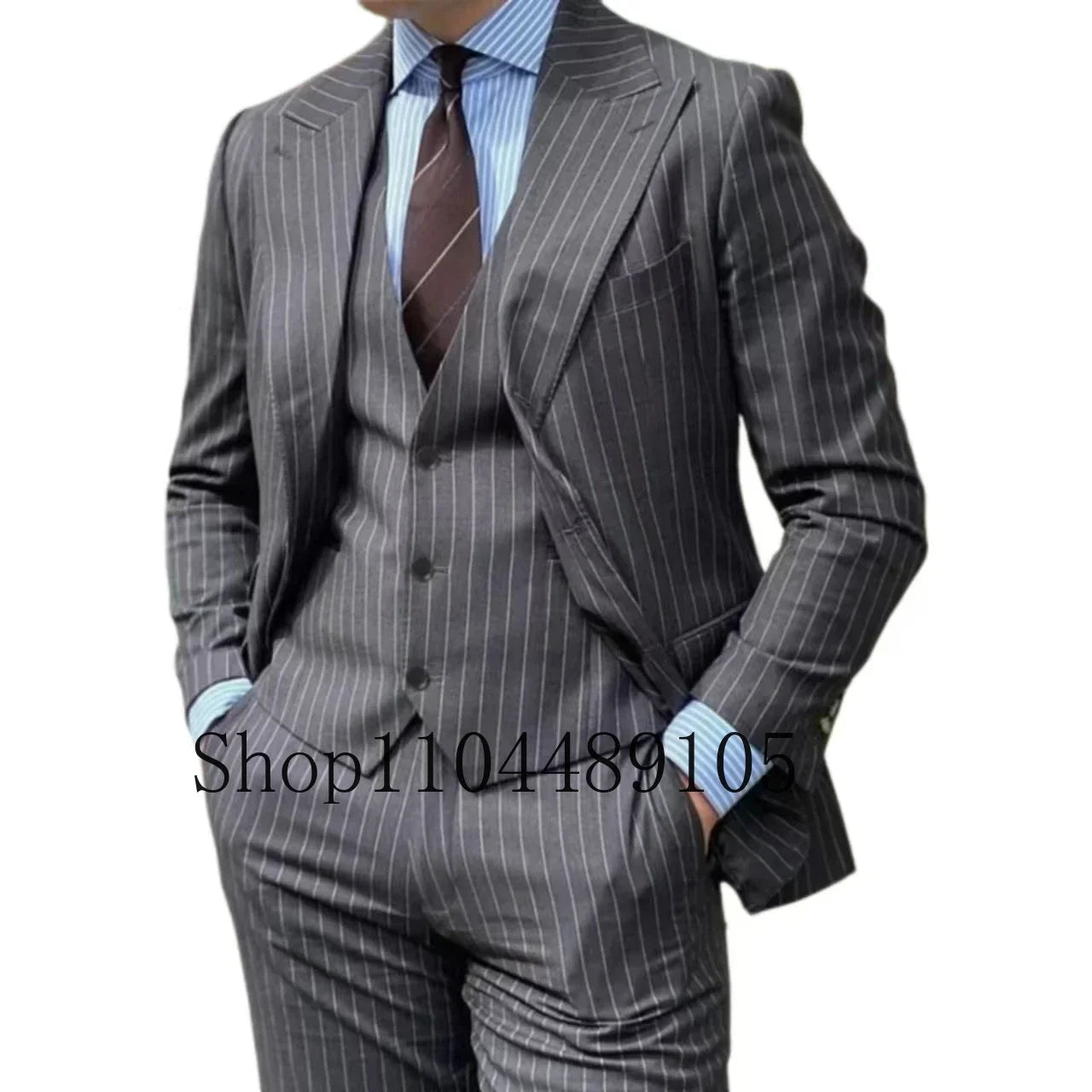 M&T Wear - Men’s 3-Piece Striped Suit – High-Quality Wedding & Formal Set