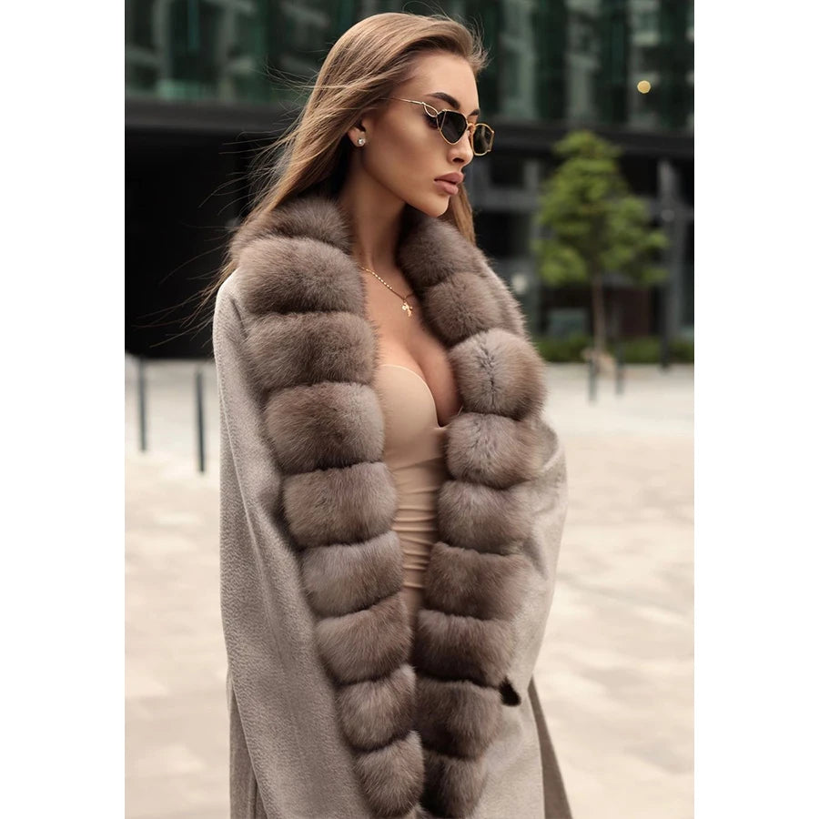 M&T Wear - Luxury Natural Wool Long Coat with Real Fox Fur Trim