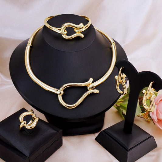 M&T Wear - Gold Color Women's Jewelry Set, Choker Necklace, Earrings, Bracelet & Ring
