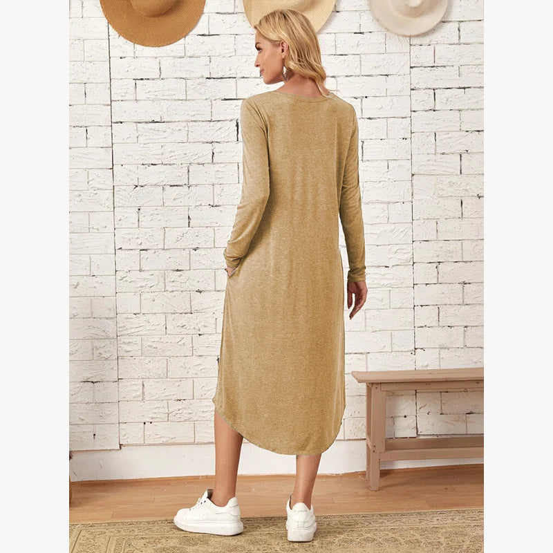 Women's 2025 Fall Winter Knit Dress - Solid Color Swing Dress with Side Pockets, Casual A-Line Tunic Dress