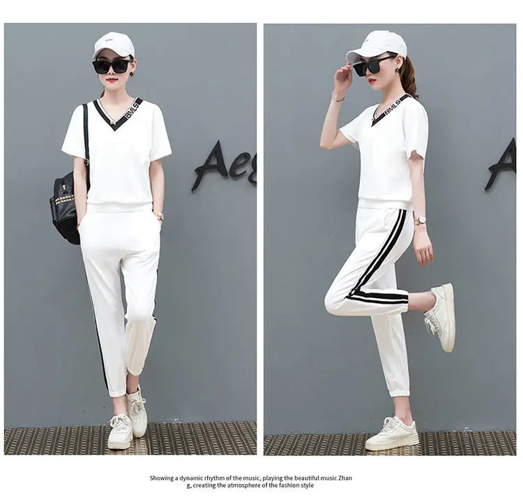 M&T Wear - Tracksuits Women 2 Pieces Sets Casual Short Sleeve V-Neck Pullover Tops Trousers Sportswear Suit 2025 New Elegant Female Clothes