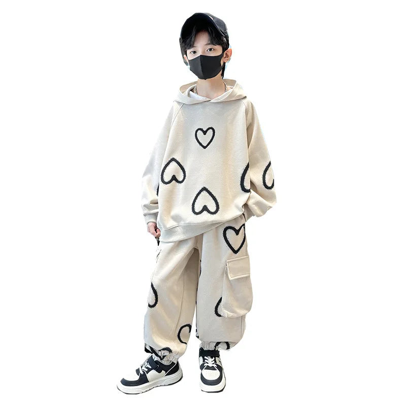 M&T Wear - Tracksuits for Kids 2025 Autumn Heart Print Casual School Boys Girls Hoodies+Pants Suits 5-14Years Teen Children Clothes Outfits
