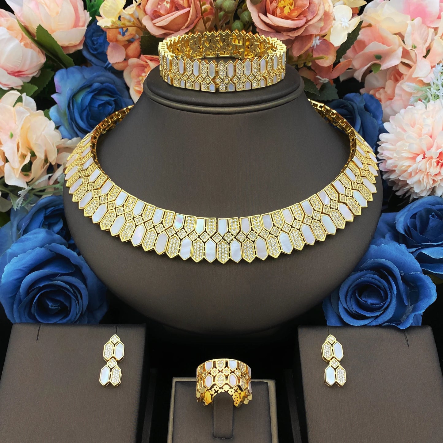 M&T Wear – 18K Plated CZ & White Shell Luxury Jewelry Set for Women