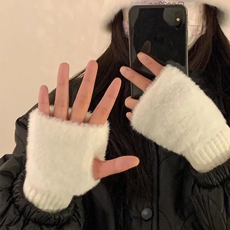 M&T Wear - Soft Winter Half Finger Gloves Women Warm Luxury Solid White Plush Knitted Fingerless Gloves Wrist Mittens Writting