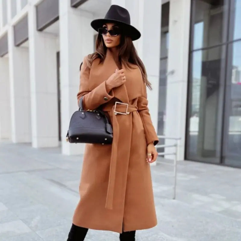 Women's Coat - Belted Wrap Winter Overcoat with Wide Lapel, Button-Free Design for Chic Casual Style