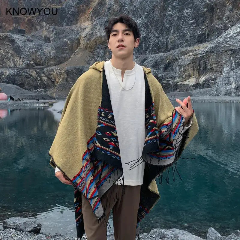 M&T Wear - Winter New Bohemian Shawl Men Ponchos Cashmere Blend Cape Coat Fringe Poncho Vintage Tassel Scarf Hooded Wraps Outwear